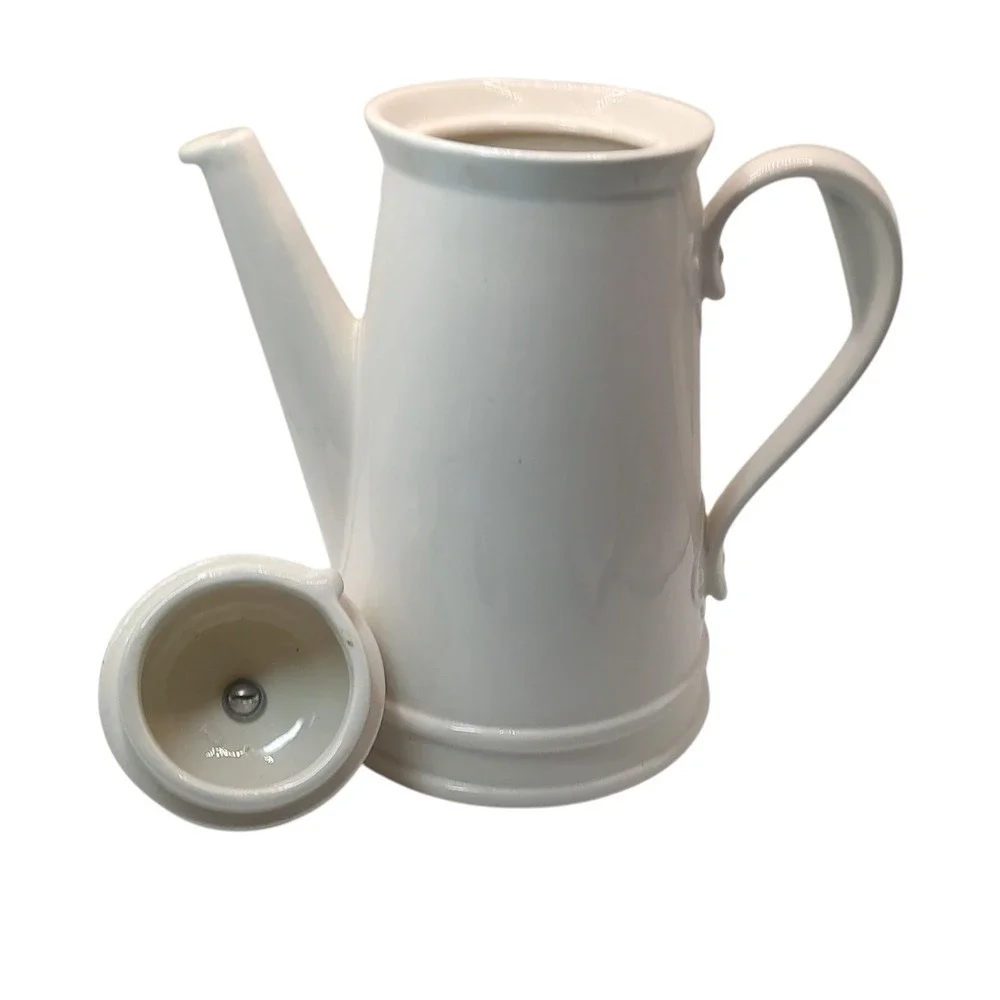 Vintage Stoneware Coffee Pot with Lid White Wooden Knob on Lid Ten Inch Six Cups